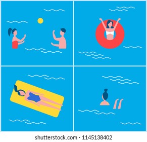 Swimming pool people set vector. Woman raising hands in lifebuoy, lady relaxing on mattress. Couple playing in water polo with ball, swimmer female