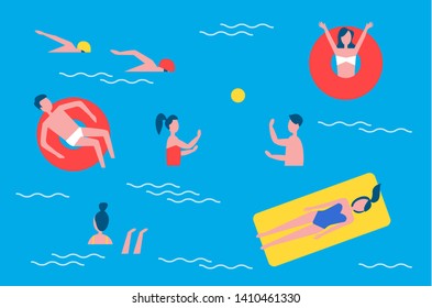 Swimming pool and people set in water playing polo games with ball. Swimmers and chilling person on lifeline lifebuoy posters set with text vector