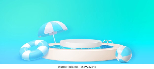 Swimming pool podium isolated on blue background. Vector realistic illustration of round platform for summer tour, sunscreen cosmetic product presentation, inflatable ring, ball and beach umbrella