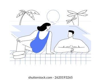 Swimming pool relax isolated cartoon vector illustrations. Happy couple relaxing in large swimming pool together, luxury resort vacation, travelling together, summer holidays vector cartoon.