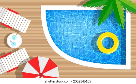 Swimming pool with swimming rings, umbrella and deck chair. Top view. Summer vacation hotel club resort concept, pool party. Vector illustration.