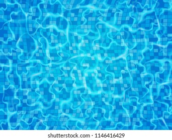 Swimming pool with ripple and waves. Blue ceramic tile mosaic in swimming pool. Water surface. Vector illustration.