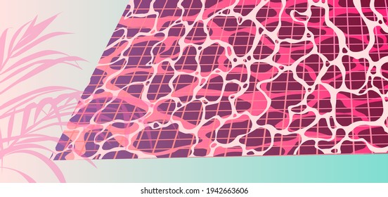 Swimming pool with ripples on pastel pink and blue water surface. Japanese anime pop style, Citypop and Vaporwave nostalgic aesthetics.