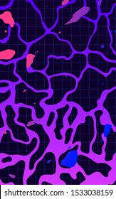 Swimming pool ripples water surface illustration background, ultraviolet - purple - pink neon color and grid tiles floor with abstract paint splatter elements