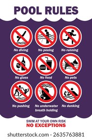 Swimming pool rules danger warning sign. Prohibited actions in swimming pool with purple and white colors combination