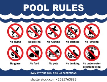 Swimming pool rules danger warning sign. Prohibited actions in swimming pool with blue and white colors combination