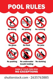 Swimming pool rules danger warning sign. Prohibited actions in swimming pool with red and white colors combination