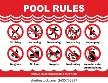 Swimming pool rules danger warning sign. Prohibited actions in swimming pool with red background