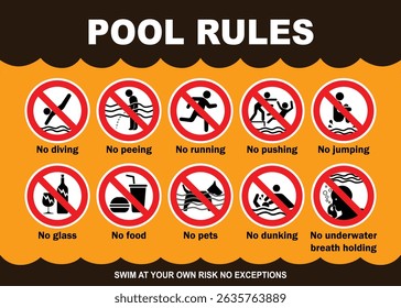 Swimming pool rules danger warning sign. Prohibited actions in swimming pool with yellow background