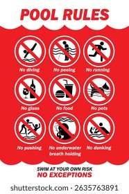 Swimming pool rules danger warning sign. Prohibited actions in swimming pool with white and red colors combination