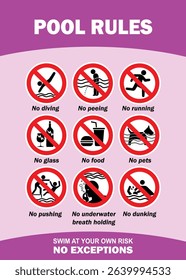 Swimming pool rules danger warning sign. Prohibited actions in swimming pool with pink background - Pool safety warning