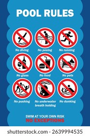 Swimming pool rules danger warning sign. Prohibited actions in swimming pool with blue background - Pool safety warning
