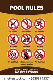 Swimming pool rules danger warning sign. Prohibited actions in swimming pool with yellow background - Pool safety warning