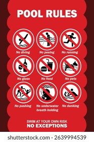 Swimming pool rules danger warning sign. Prohibited actions in swimming pool with red background - Pool safety warning