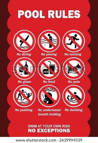 Swimming pool rules danger warning sign. Prohibited actions in swimming pool with red background - Pool safety warning