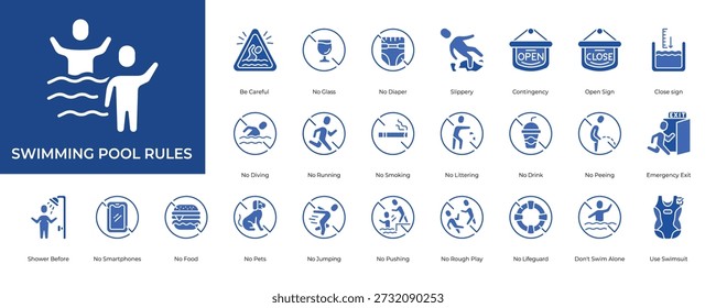 Swimming Pool Rules Icon set Collection in Glyph Two Color Style. swimming, pool, rules, safety, warning, instruction