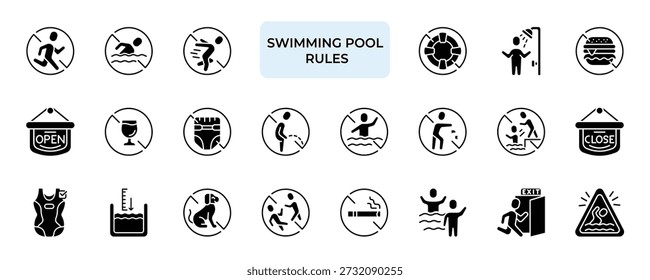 Conjunto de ícones de regras da piscina Coleção em estilo de glifos sólidos. natação, piscina, regras, segurança, aviso, instrução