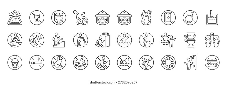 Swimming Pool Rules Icon set Collection in Line Style. swimming, pool, rules, safety, warning, instruction