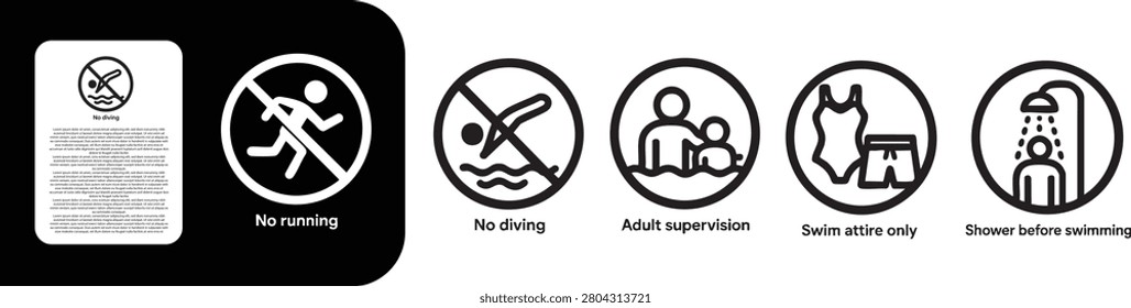 Swimming Pool Rules Icons Set, No running, No diving, Adult supervision, Swim attire only, Shower before swimming