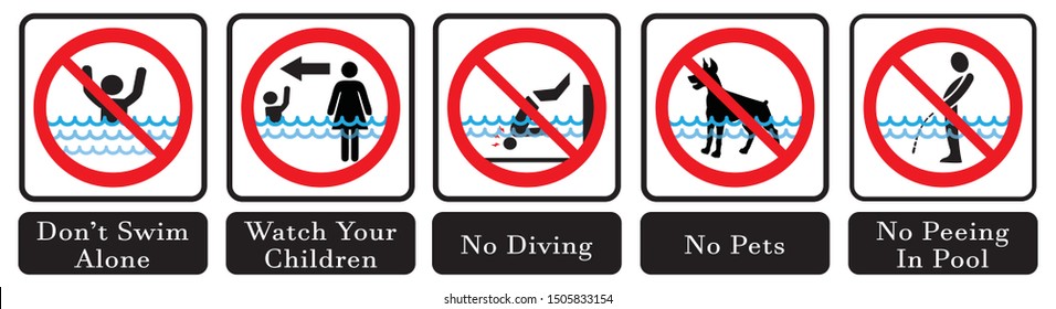 Swimming pool rules. No Diving sign,No pets sign,No peeing in pool  icon,Don't swim alone icon.