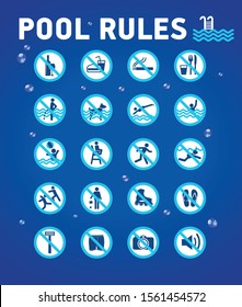 Swimming Pool Rules On Blue With Desihn Elements-waterdrops. Set Of Icons And Symbol For Pool.