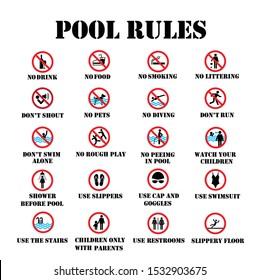 Swimming pool rules. Public and private pools rules to ensure health  safety and to provide enjoyable recreation. Vector flat style cartoon illustration isolated on white background