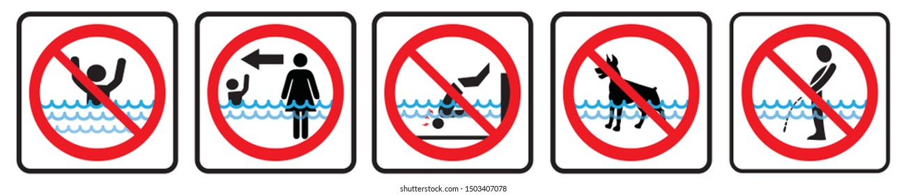Swimming pool rules. Set of icons and symbol for pool. No Diving sign,No pets sign,No peeing in pool  icon,Don't swim alone icon. 