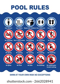 Swimming pool rules warning sign. Prohibited actions in swimming pool with dark blue and white colors combination