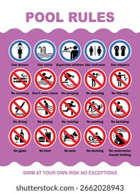 Señal de advertencia de reglas de piscina. Acciones prohibidas en piscina con combinación de colores rosa y blanco