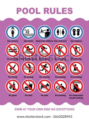 Swimming pool rules warning sign. Prohibited actions in swimming pool with pink and white colors combination