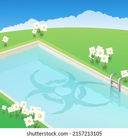 Swimming pool in a rural landscape with its transparent water in which the warning symbol of a biohazard indicating bacterial contamination