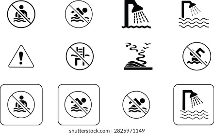 Swimming pool safety and shower vector icon set featuring no swimming prohibition signs, warning symbols, pool stairs, aquatic rules, and outdoor shower station graphics isolated on white background.