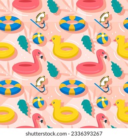 Swimming Pool Seamless Pattern Vector Illustration with Summer Vacation Element in Flat Cartoon Template Hand Drawn