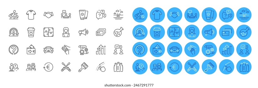 Piscina, empleado de la Búsqueda y paquete de iconos de la línea de la mujer. Gráfico de análisis, Divisa de cambio, Icono de Web de deslizar hacia arriba. Personas charlando, Burbujas de preguntas, pictograma de camiseta. Apretón de manos. Vector