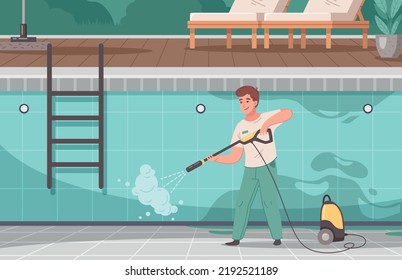 Swimming pool service cartoon background with male character cleaning walls and pool bottom of dirt vector illustration