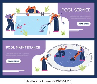 El servicio de volantes de la piscina con trabajadores limpiando agua, ilustración vectorial de dibujos animados planos. Servicio de mantenimiento de la piscina para la limpieza y desinfección del depósito de agua.