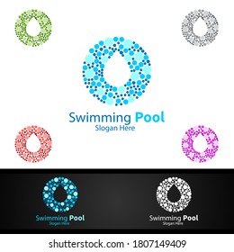 Logotipo del servicio de piscina con piscina de limpieza y concepto de mantenimiento