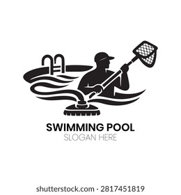 Swimming Pool service logo features a professional cleaner skimming a sparkling pool with a net alongside maintenance equipment. This reliable and clean design is exceptionally tailored for pool cleaning services, swimming maintenance contractors, water care specialists, backyard upkeep businesses, or aquatic facility management providers.