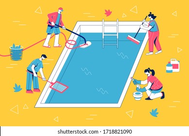 Swimming pool service. Maintenance company. Workers clean a pool with a mechanical equipment and chemistry. Vector illustration.