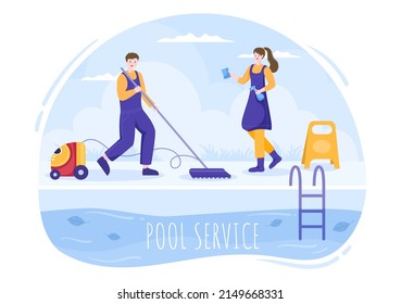 Swimming Pool Service Worker with Broom, Vacuum Cleaner or Net for Maintenance and Cleaning of Dirt in Flat Cartoon Illustration