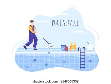 Swimming Pool Service Worker with Broom, Vacuum Cleaner or Net for Maintenance and Cleaning of Dirt in Flat Cartoon Illustration