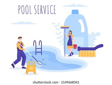 Trabajador de servicio de piscina con escoba, limpiador de vacío o red para el mantenimiento y limpieza de suciedad en ilustración de dibujo plano