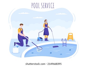 Swimming Pool Service Worker with Broom, Vacuum Cleaner or Net for Maintenance and Cleaning of Dirt in Flat Cartoon Illustration