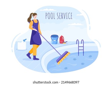 Swimming Pool Service Worker with Broom, Vacuum Cleaner or Net for Maintenance and Cleaning of Dirt in Flat Cartoon Illustration