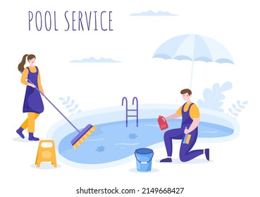 Swimming Pool Service Worker with Broom, Vacuum Cleaner or Net for Maintenance and Cleaning of Dirt in Flat Cartoon Illustration