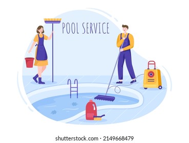 Swimming Pool Service Worker with Broom, Vacuum Cleaner or Net for Maintenance and Cleaning of Dirt in Flat Cartoon Illustration