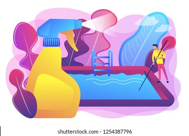 Swimming pool service worker with net cleaning water. Pool and outdoor cleaning, swimming pool service, outdoor cleaning company concept. Bright vibrant violet vector isolated illustration