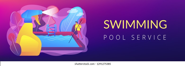 Swimming pool service worker with net cleaning water. Pool and outdoor cleaning, swimming pool service, outdoor cleaning company concept. Header or footer banner template with copy space.
