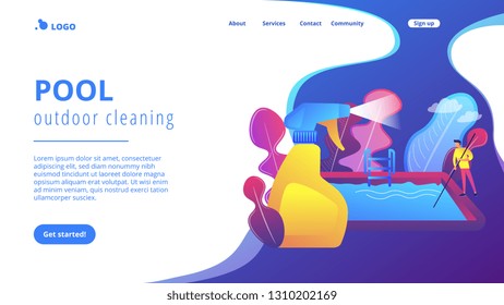 Swimming pool service worker with net cleaning water. Pool and outdoor cleaning, swimming pool service, outdoor cleaning company concept. Website vibrant violet landing web page template.