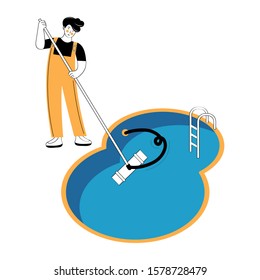 Swimming pool service worker with net cleaning water. Pool and outdoor cleaning, swimming pool service, outdoor cleaning company concept. Man cleans the pool with vacuum cleaner. Vector illustration.